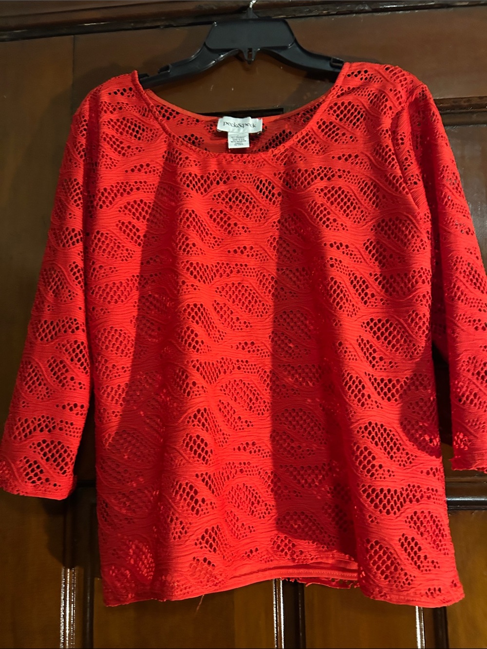 Peck & Peck Red Crochet Knit 3/4 Sleeve Tunic